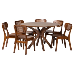 Baxton Studio Giuliana Mid-Century Modern Walnut Brown Finished Wood and Woven Rattan 7-Piece Dining Set